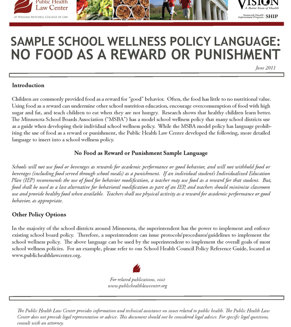 Sample School Wellness Policy Language: No Food as a Reward or Punishment