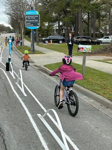 A pop-up bike lane demonstration in the Cayce-West Columbia, South Carolina arts district.