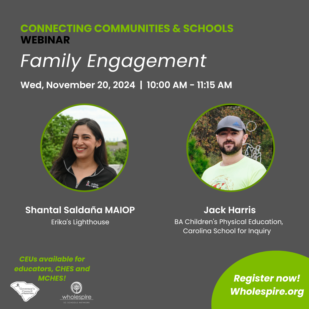 Graphic flyer with the event title "Family Engagement" and images of the two presenters with their names under the photos.