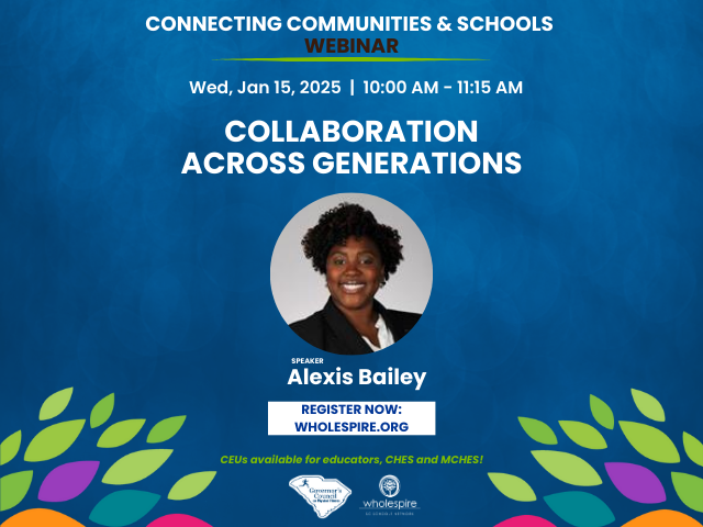 A blue background with the Wholespire Leaves in the left and right bottom corners. The text reads connecting communities and schools webinar with the webinar title collaboration across generations.